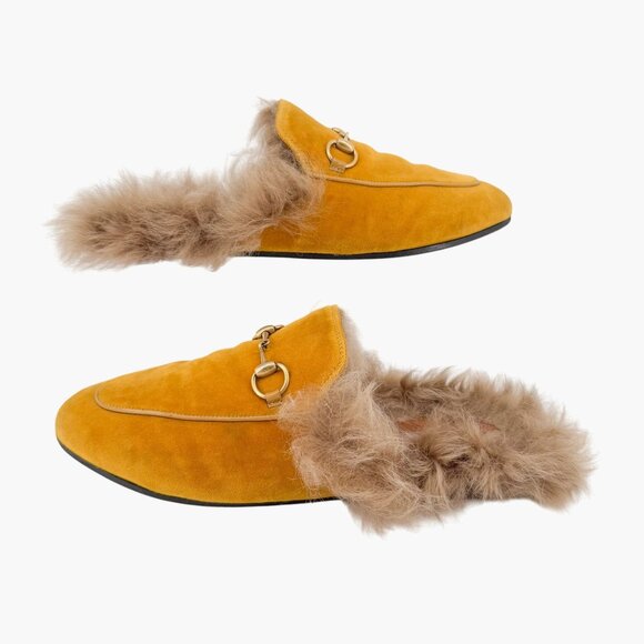 Gucci Princetown Horsebit Fur Mule EU 37 US 7 Gold Velvet Loafer Yellow Shoe - Picture 7 of 12